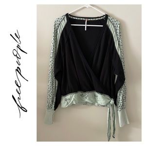 Free People Black Wrap Top with Mint Floral Raglan Sleeves